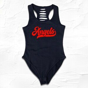 Womens Red Angels Script Black Baseball Racer Back bodysuit outfit